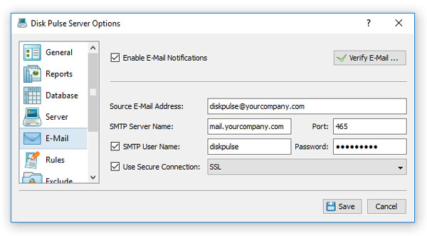 DiskPulse E-Mail Configuration Options
